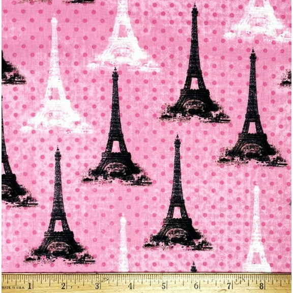 1 Fat Quarter - Paris Eiffel Tower on Pink Polka Dots Cotton Fabric - 21" X 18"