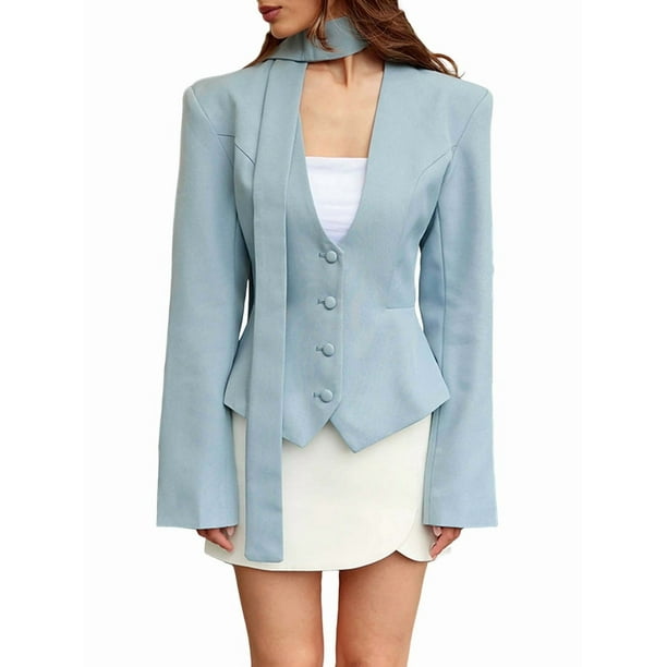 Chaqueta de Traje de Larga para Mujer, Color Liso, Cuello en V, Corte Entallado y Hombreras Azul XL