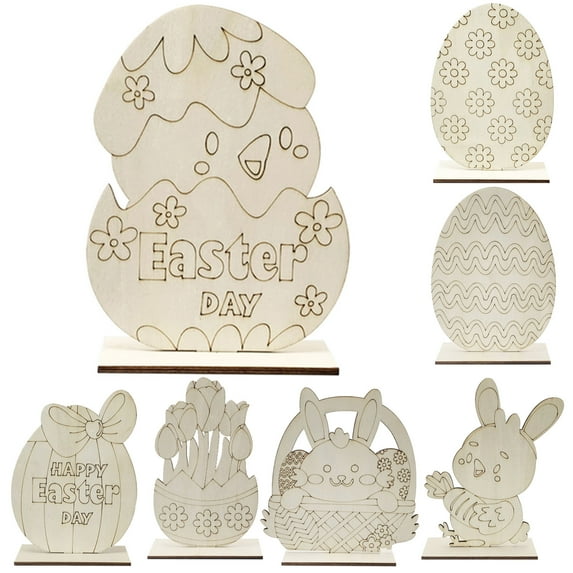 D-GROEE 3PCS Easter Crafts Wooden Ornaments Unfinished Crafts Wood Egg Bunny Chicken Flower Shape for DIY Kids Easter Party Decoration Supplies