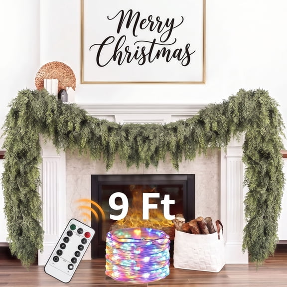 Scidweet Christmas Garland with Lights, 9FT Realistic Artificial Cedar Pine Prelit Greenery Garlands for Home Stairs Railing Mantle Fireplace Door Indoor Outdoor Xmas Decor