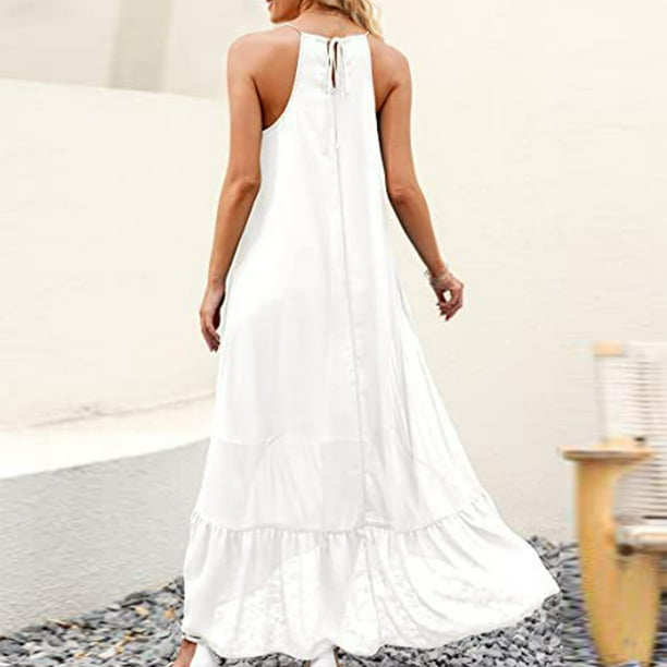 Vestido De Verano Vestido maxi de mujer Vestido largo de playa suelto con cuello halter irregular bohemio (Blanco XL) Cgtredaw para Mujer Blanco T XL