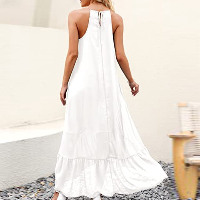 Vestido De Verano Vestido maxi de mujer Vestido largo de playa suelto con cuello halter irregular bohemio (Blanco L) Cgtredaw para Mujer Blanco T L
