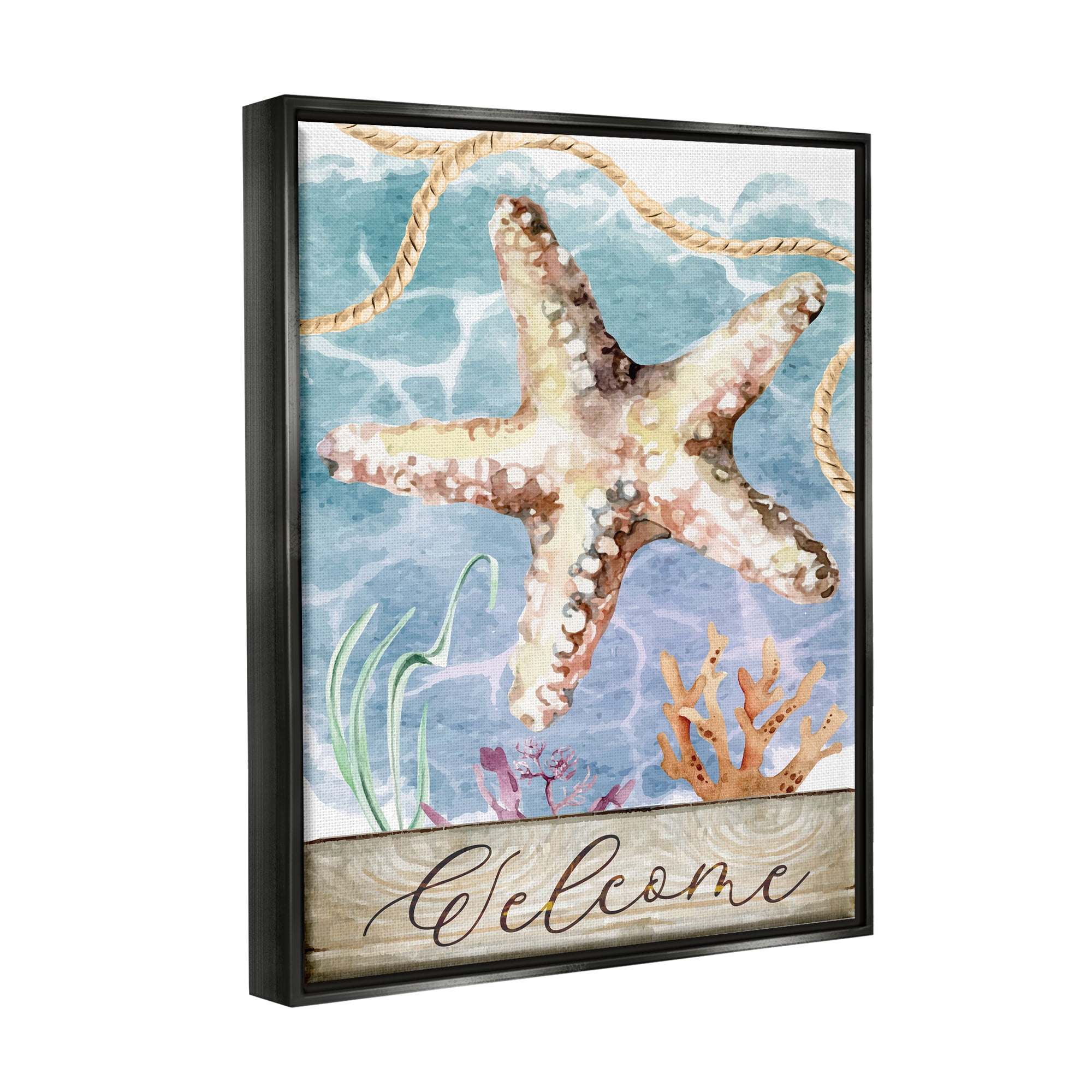 Stupell Aquatic Beach Welcome Starfish Landscape Painting Black Floater Framed Art Print Wall Art