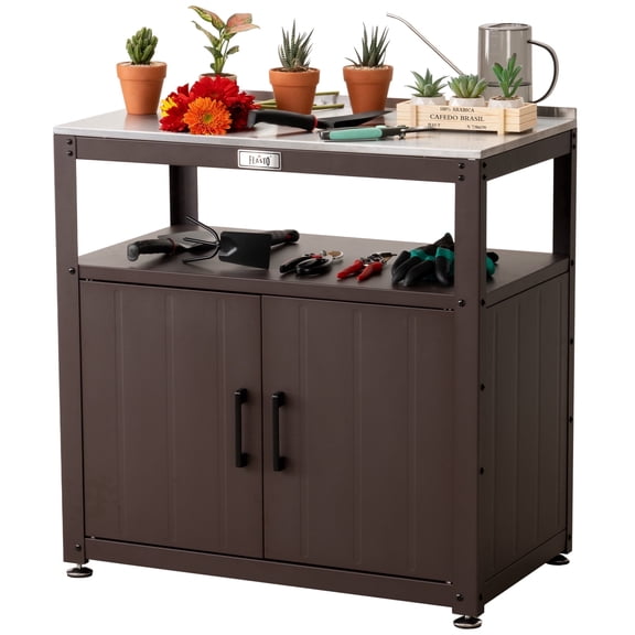 Feasto Garden Potting Bench with Storage Cabinet, Stainless Steel Tabletop Outdoor Gardening Workstation, Brown