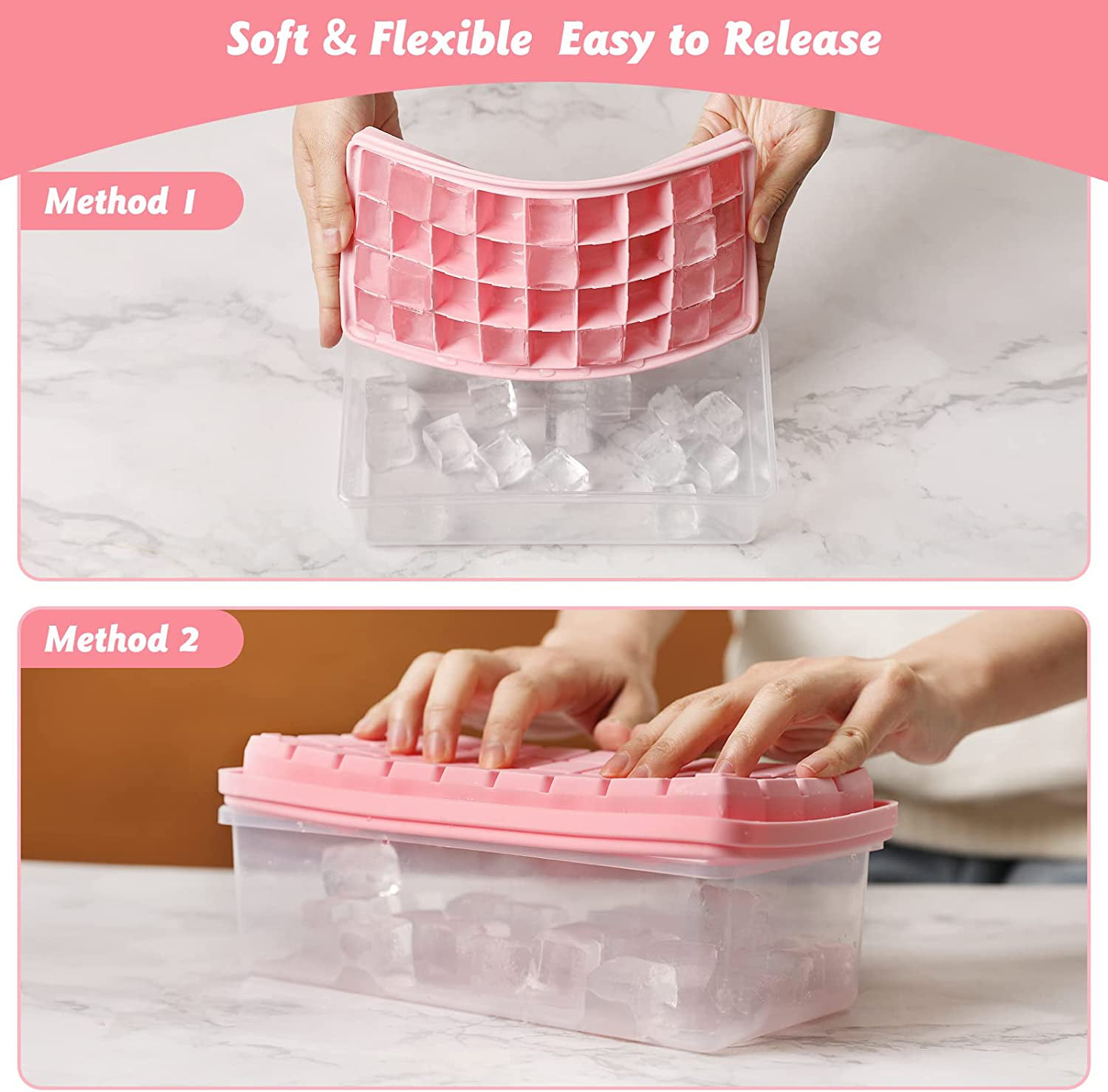 Comfecto Ice Cube Trays for Freezer with Lid, Bin Bucket Container & Tong, 2 Pack Easy Release Flexible Silicone Stackable Ice Cube Tray. 36 Cubes for