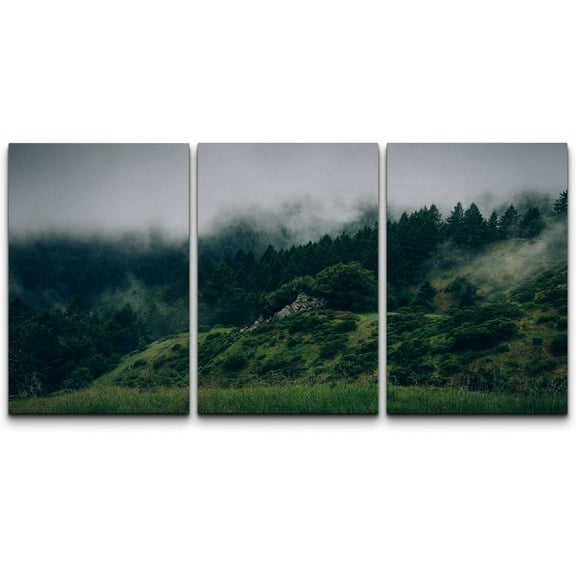 wall26 Canvas Print Wall Art Set Mist Rolls Over Green Hill Landscape Nature Wilderness Photography Realism Rustic Scenic Relax/Calm Multicolor for Living Room, Bedroom, Office - 24"x36"x3