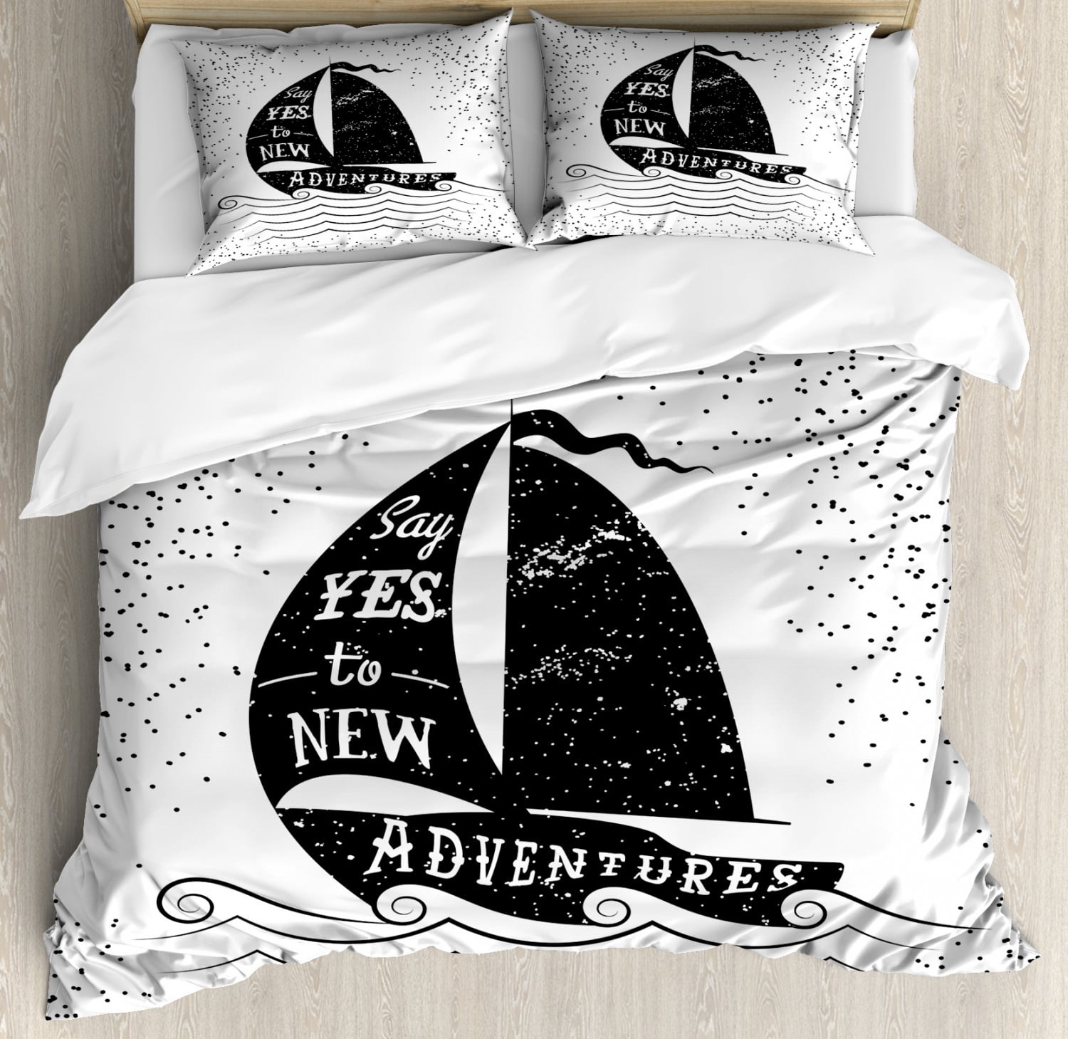 Nautical Queen Size Duvet Cover Set, Hand Drawn Boat on Wavy Ocean Say