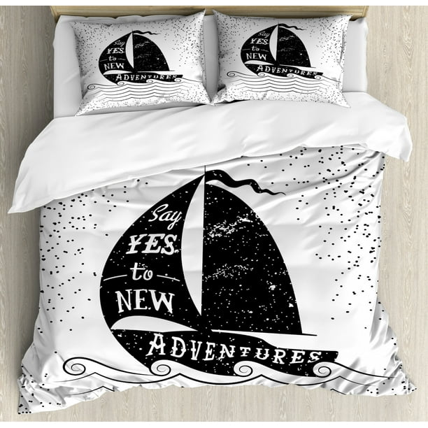 Nautical King Size Duvet Cover Set, Hand Drawn Boat on Wavy Ocean Say