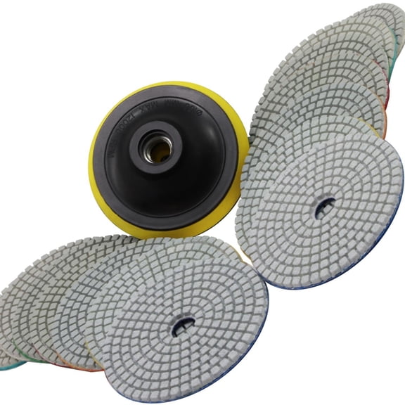 Stadea Diamond Polishing Pads Wet Dry 15 Pcs Set, 4 Inch for Granite Quartz Stone Concrete Marble Countertop Polishing Polisher Grinder, 14 Pads Discs Plus 1 Hook & Loop Backing Pad Holder