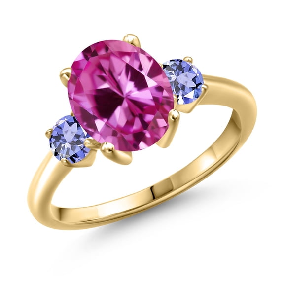 Gem Stone King 3.85 Ct Pink Created Sapphire Blue Tanzanite 18K Yellow Gold Plated Silver Ring (Size 5)