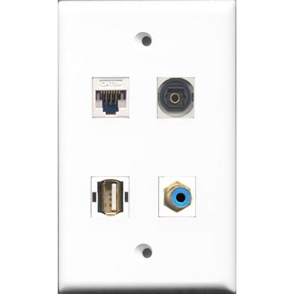 RiteAV 1 Port RCA Blue and 1 Port USB A-A and 1 Port Toslink and 1 Port Cat5e Ethernet White Wall Plate
