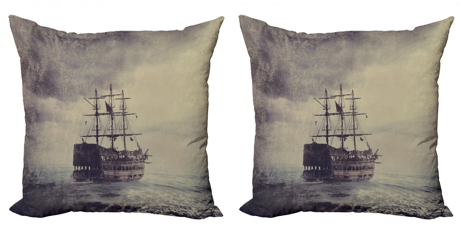 Ambesonne Nautical Throw Pillow Cover 2 Pack, Old Pirate Ship in Sea