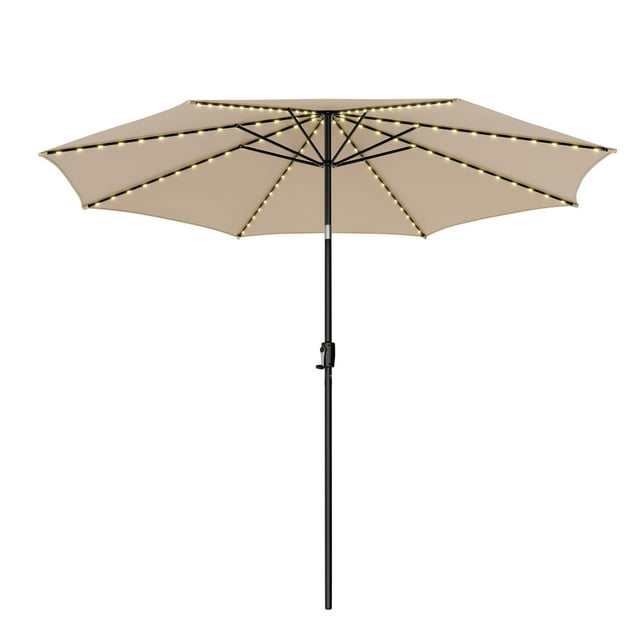 Costway Parasol de Marché pour Table de Patio de 10 Pi avec 112 DEL Solaires, Manivelle Inclinable, Extérieur, Beige