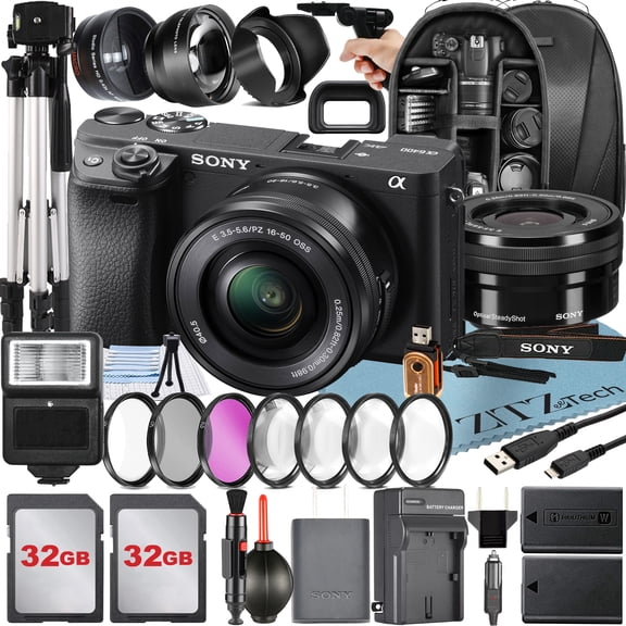 Sony Alpha a6400 Mirrorless Digital Camera with 16-50mm Lens   2 Pack SanDisk 32GB Card   Backpack   ZeeTech Accessory Bundle (International Version)