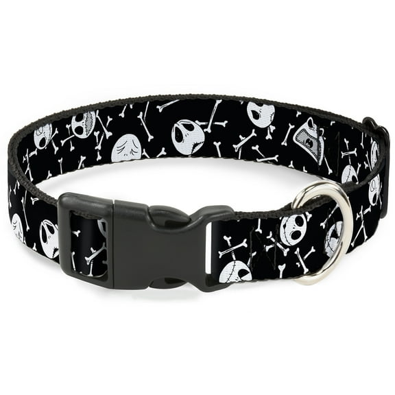 Disney Pet Collar, Dog Collar Plastic Buckle, Jack Expressions Bones Scattered Black White, 7 to 8.5 Inches 0.5 Inch Wide