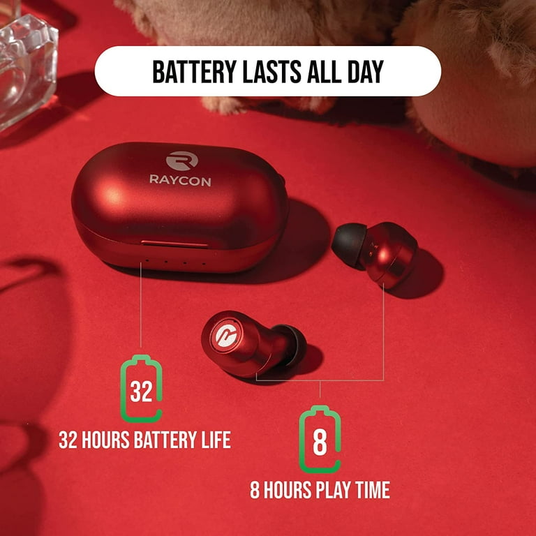Raycon Everyday Earbuds Wireless and Bluetooth Earbuds Microphone 32 Hours Matte Red