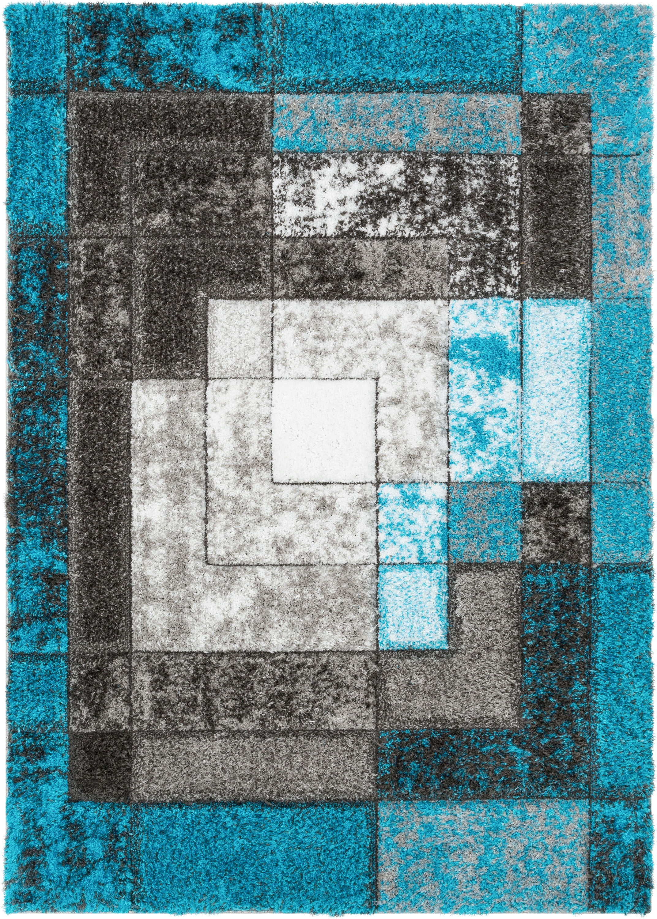 Well Woven Lolly Kenzo Retro Geometric Pattern Teal Grey 5'3" x 7'3" 3D Texture Shag Area Rug