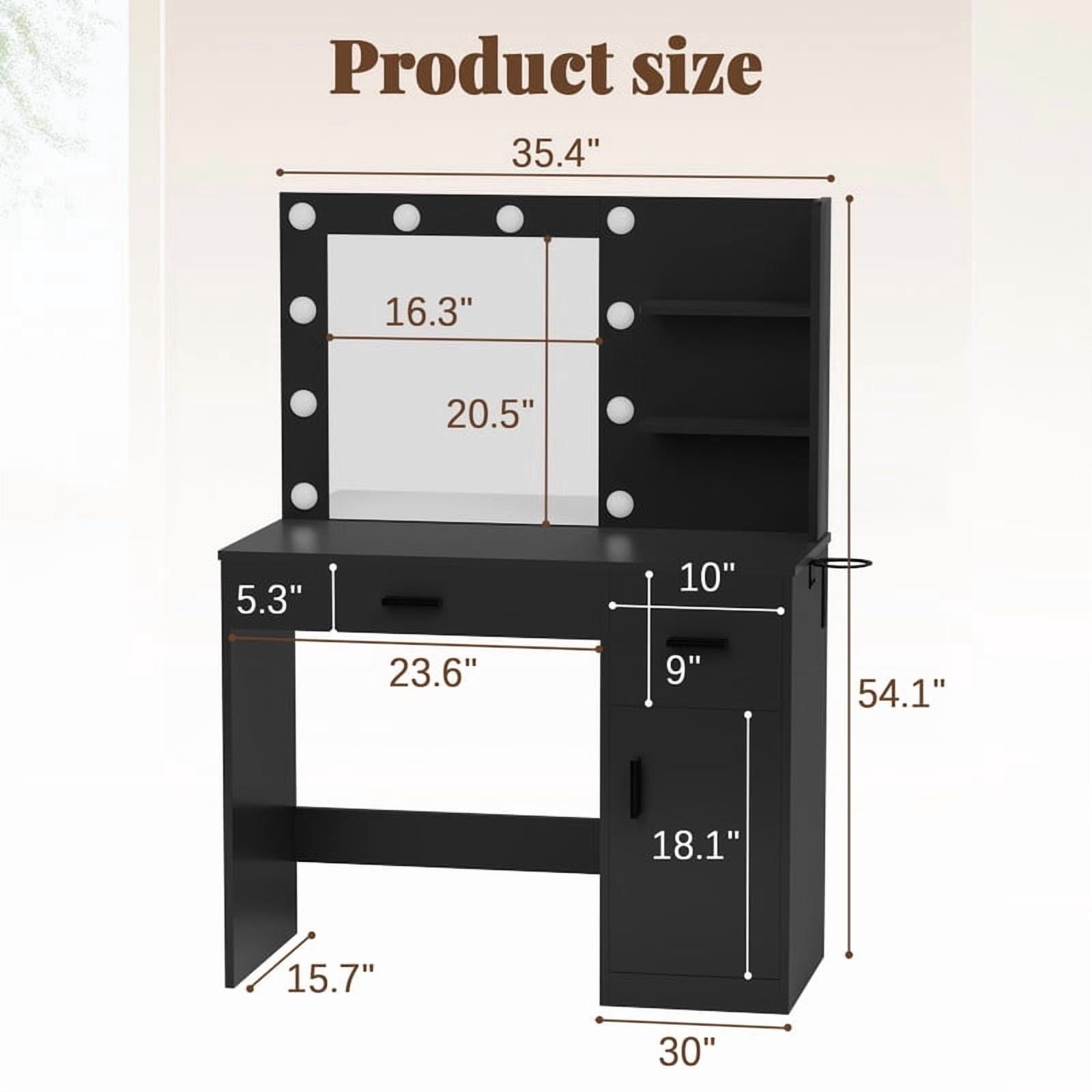 Homall Makeup Vanity Table with Lights, Mirror, Storage Cabinet, and Power Outlet for Bedroom and Dressing Room, Black