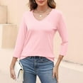 thumbnail image 6 of Tittly T Shirts for Women Basic Tees Women's V Neck 3/4 Sleeve Tops Color Block/Solid Shirts Basic Summer Tees Tshirts Shirts Spring Tops for Women Beige L, 6 of 7
