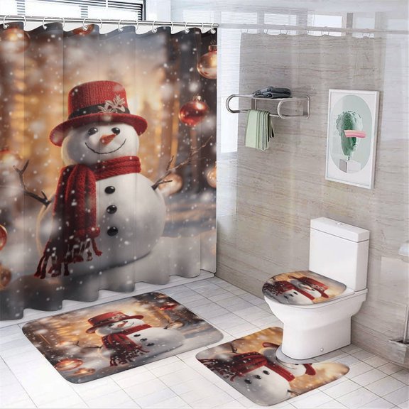 Christmas Snowman Snow House 4Pcs Shower Curtain Set Shower Curtain Set with Carpet Bath Mat