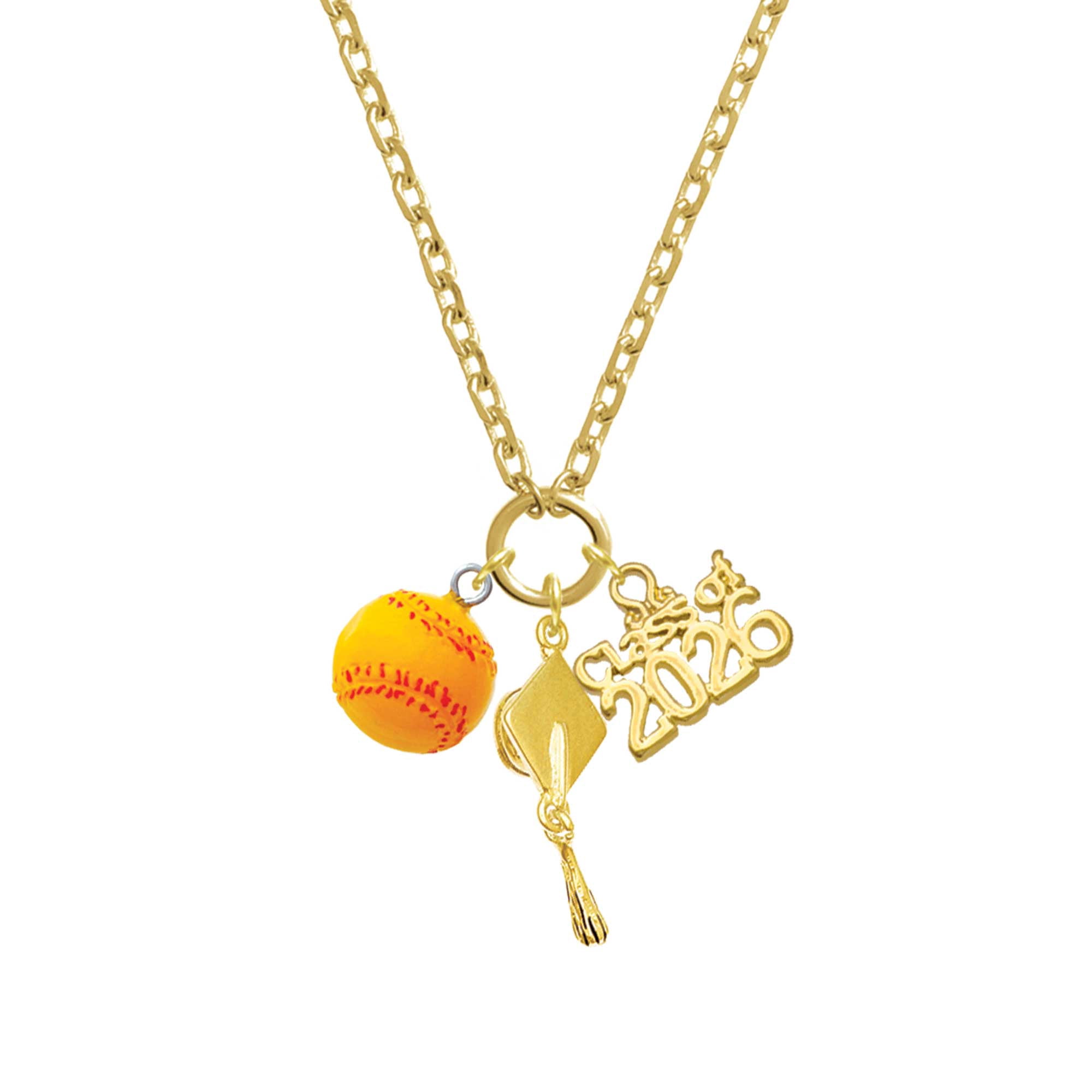 Delight Jewelry Resin 1/2" Softball - Gold-tone Class of 2026 Graduation Zoey Charm Necklace, 28"