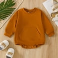 thumbnail image 2 of ZHOGXU Infant Boy Girl Romper Solid Color Crew Neck Long Sleeve Bodysuit With Pocket For Casual Daily Wear,Brown,3-6 Months, 2 of 9