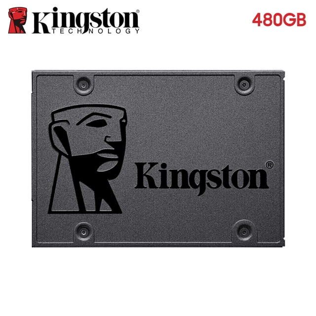 kingston ssd a400 discos de estado sólido 120gb 240gb 480gb sata3.0 480GB SSD A400 de 2.5" con carcasa gris texturizada y gran logotipo Kingston en la tapa, vista frontal plana que muestra cuatro tornillos de montaje; ideal como reemplazo de disco duro en laptop o PC y compatible con interfaz SATA 3.0.