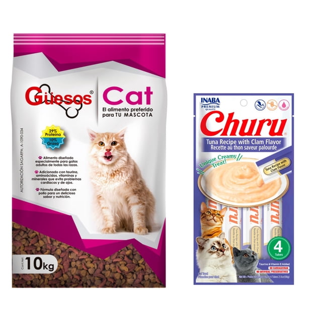 Güesos Gatos 10 kg + Churu Atún con Almeja Sobre con 4 Tubos de 14 g