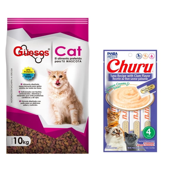 Güesos Gatos 10 kg + Churu Atún con Almeja Sobre con 4 Tubos de 14 g