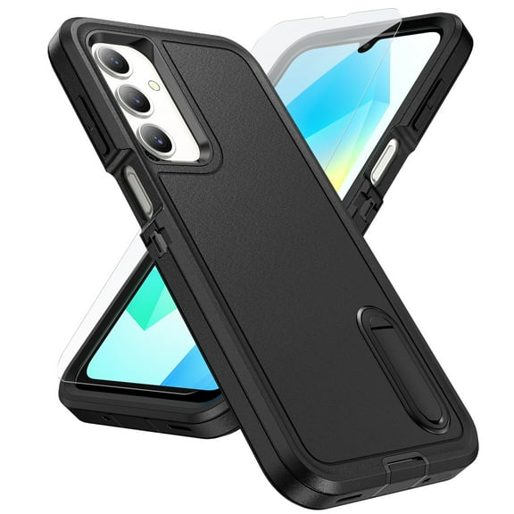 Dteck for Samsung Galaxy A16 5G Phone Case with Screen Protector Glass, Heavy Duty Military Grade Protection Full Body Phone Cover with Kickstand, Black
