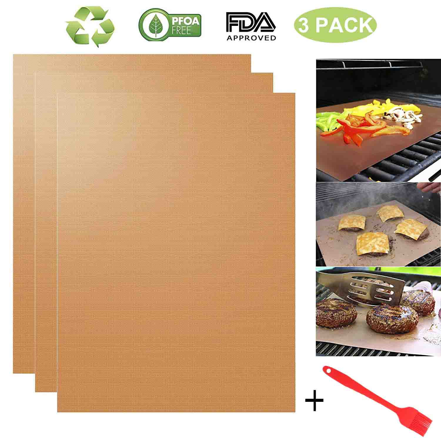 5 Pack BBQ Grill Mats Non-Stick Baking Mat Copper Bake Cooking Sheet Teflon Fibe 