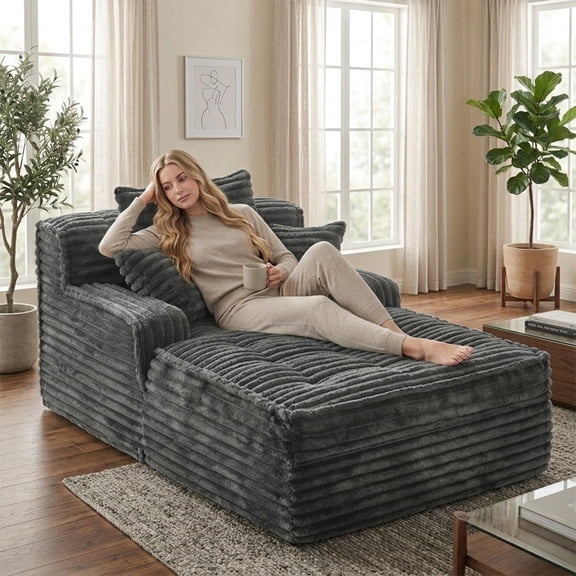 JUIKURE 57" Boneless Chaise Lounge Chair, Corduroy Small Sleeper Sofa Bed With 3 Pillows & Wide Armrests, Grey
