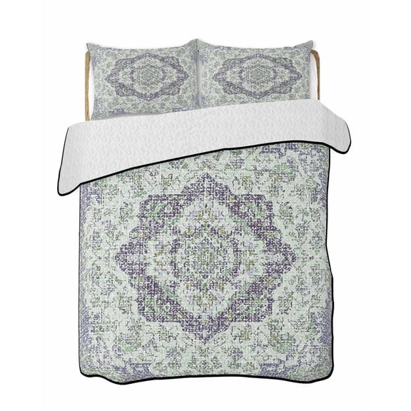 Quilt King Size Bedding Set, Green Purple Boho Reversible Summer Quilt 3 Pieces, Vintage Abstract Art Floral Ethnic Tribe Lightweight Bedspreads Coverlets with 2 Pillow Shams for All Seasons