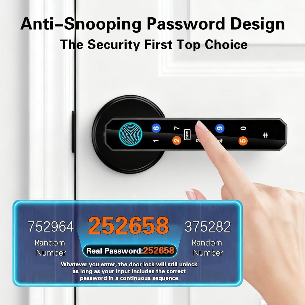 Fingerprint Door Lock, 5-in-1 Smart Door Knob, Keyless Entry with Passcode Keypad & Handle, APP Control for Bedroom, Office, Apartment (Black)