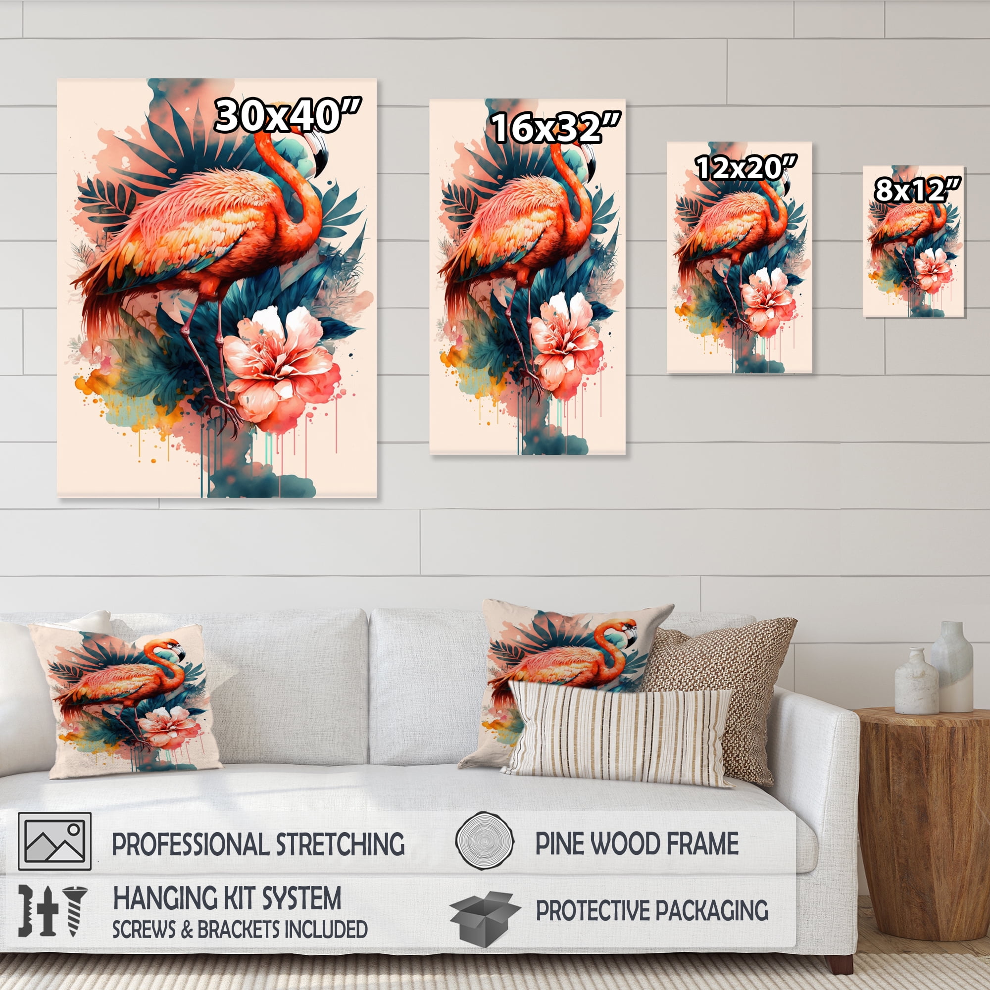 Designart Cute Flamingos Floral Art V Canvas Wall Art