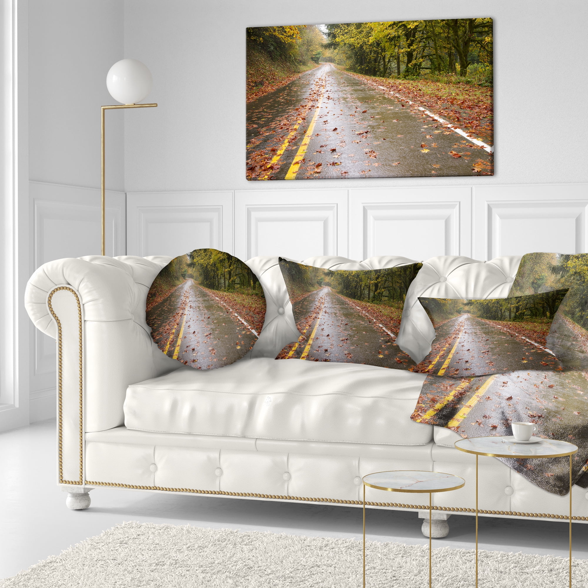Designart Wet Rainy Road in Forest - Landscape Photo Throw Pillow - 12x20