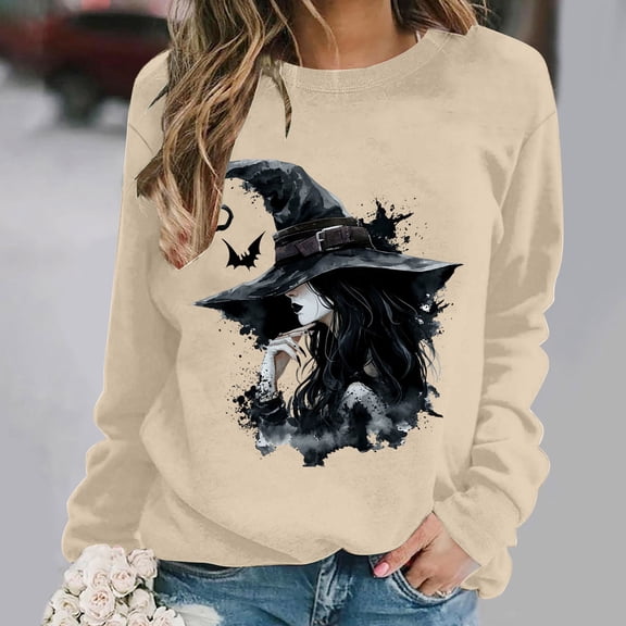 Frostluinai Women Halloween Sweatshirt Vintage Witch Graphic Pullover Crew Neck Long Sleeve Thin Fleece Fall Sweat Shirts Holiday Outfits