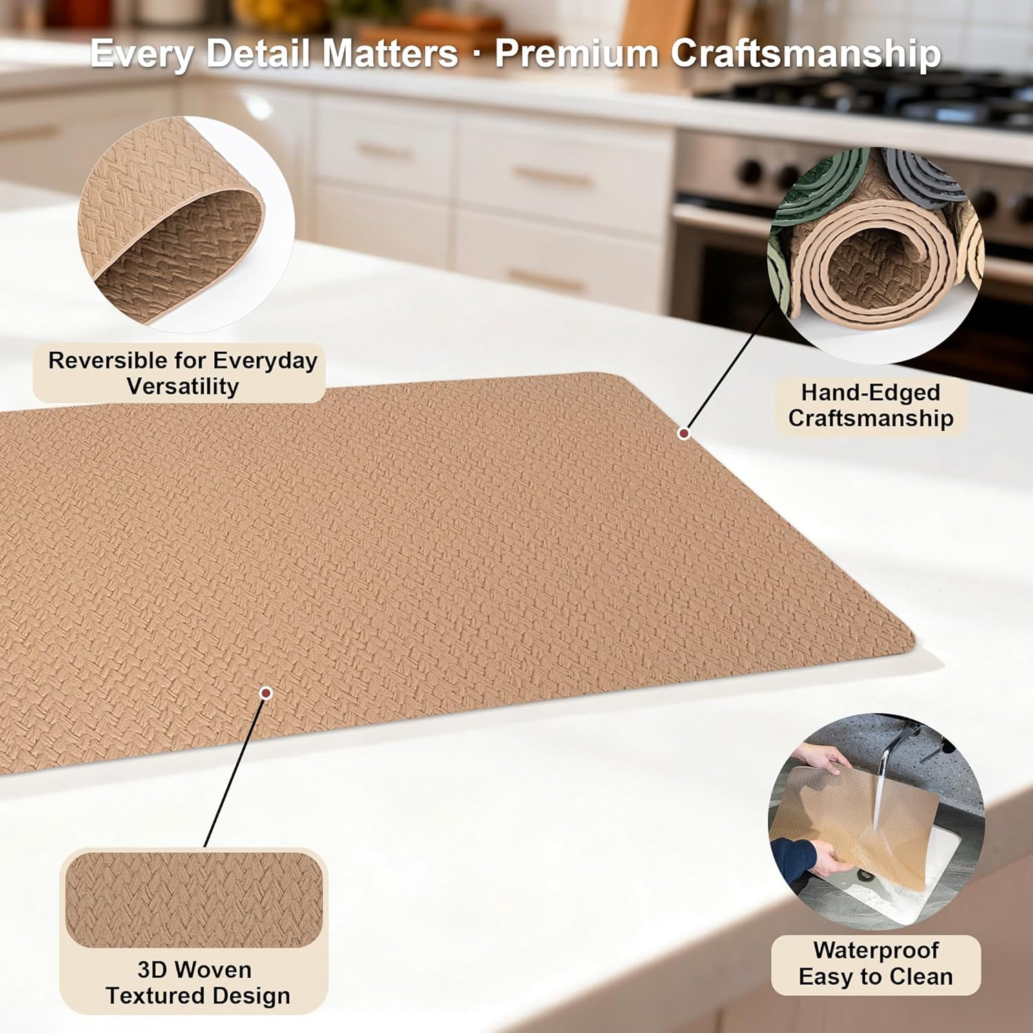 PROMATTOO Woven Embossed Placemats Set of 6,Heat Resistant,Faux Leather Dining Table Mat,Golden Beige