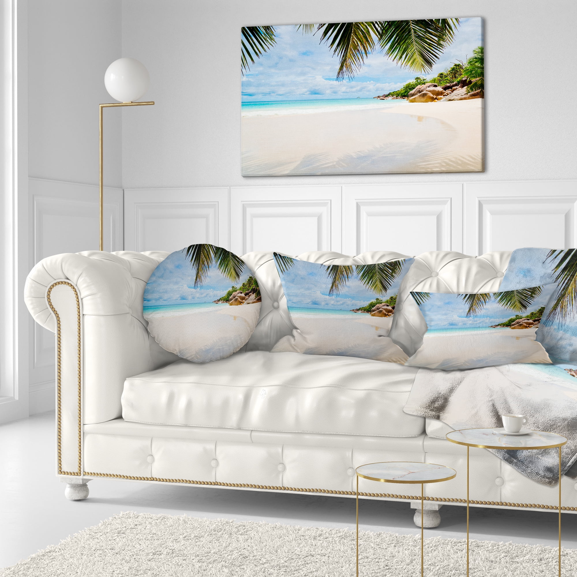 Designart Summer Beach with Palm Leaves - Modern Seascape Throw Pillow - 12x20
