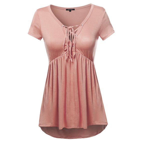 FashionOutfit Women's Casual Solid Soft Stretch Short Sleeve Lace Up Front Top