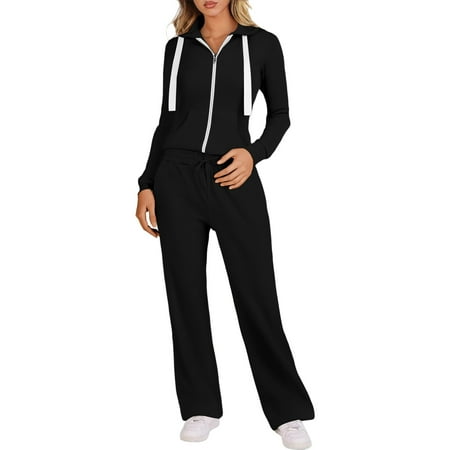 MDUKONU Women s 2-Piece Tracksuit - Zip Up Hoodie & Wide Leg Pants Black M