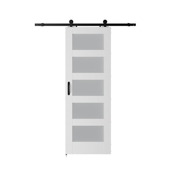 5-Panel Glass Barn Door With Sliding Door Hardware Kit & Handle, Wooden Solid MDF Core & Eco Water-Proof PVC Veneer, White ,Easy to Install