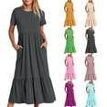 thumbnail image 6 of YanHoo Womens Flowy Maxi Dresses 2026 Summer Short Sleeve Round Neck Swing Tiered Casual Long Dress Solid Loose Fit Pleated T Shirt Dress with Pocket Dresses Women, 6 of 6