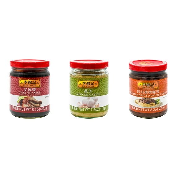 3 Pack Lee Kum Kee Cooking Sauce, 3 Flavors(Char Siu Sauce,Minced Garlic Sauce,Sichuan Spicy Noodle Sauce) Plus NineChef Brand Long Handle Coffee Spoon