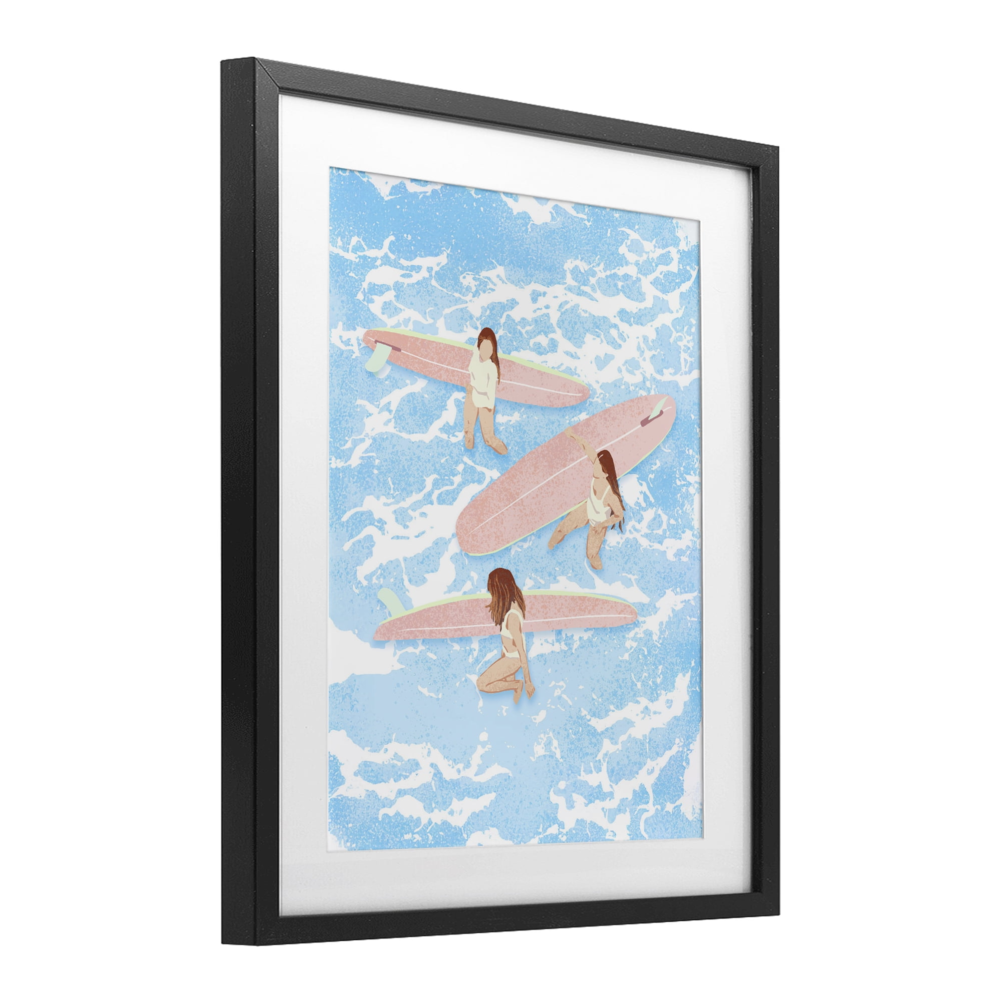 Surfing Girls Trio Black Framed Print Under Glass, design by Ziwei Li