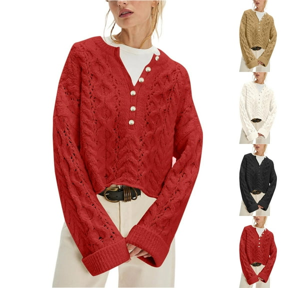 Women's Cropped Cable Knit Sweater Oversized Half Button Pullover (Beige, L)