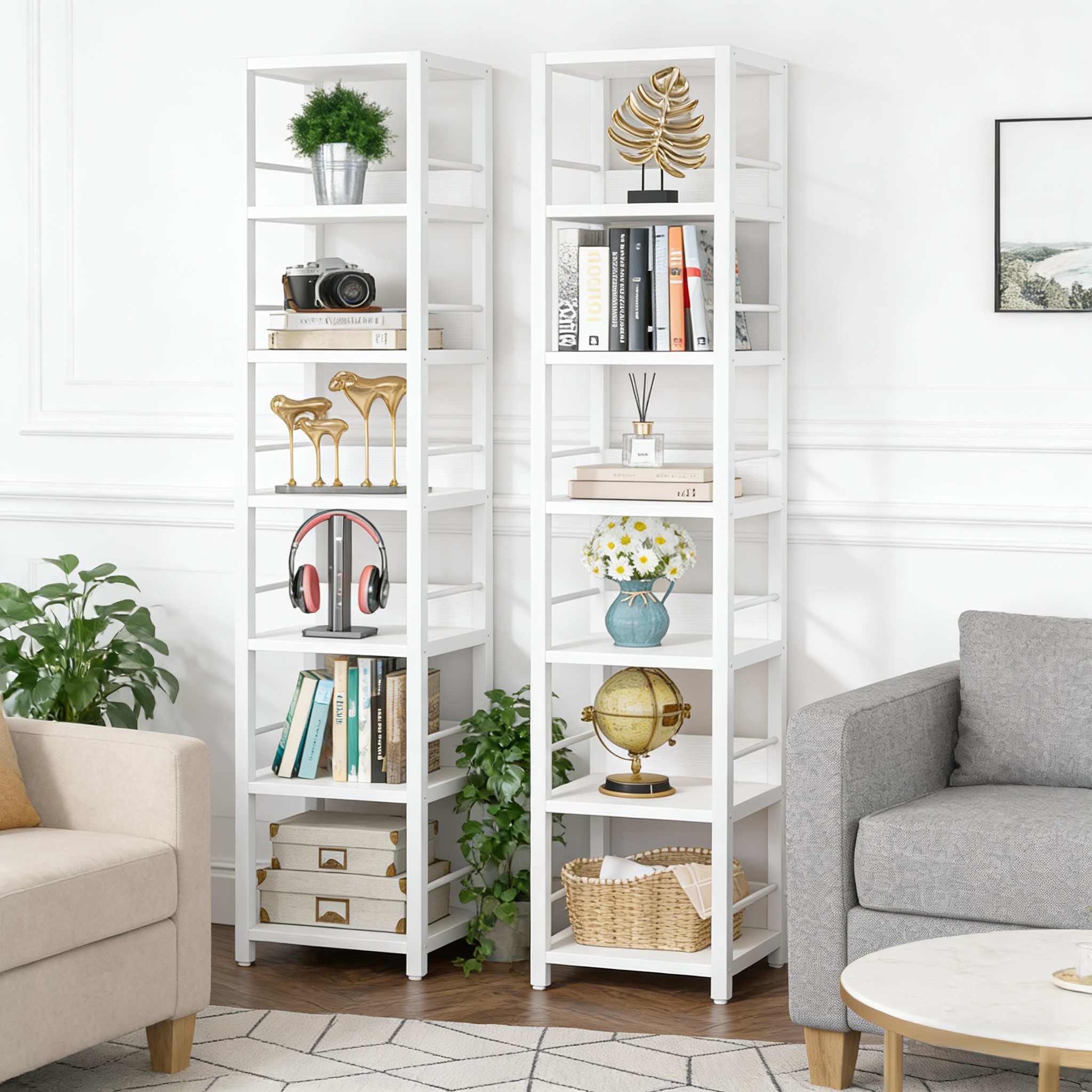 Fnova 75" 6-Tier Corner Bookshelf, Tall Narrow Rustic Wood Open Storage Rack, Square Bookcase Display Stand for Small Spaces in Living Room, Bathroom