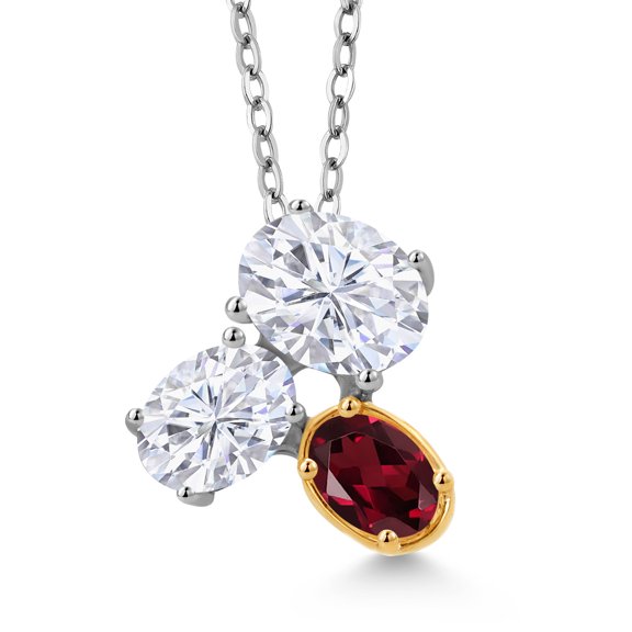 Gem Stone King 925 Silver and 10K Yellow Gold White Moissanite and Red Rhodolite Garnet Pendant Necklace for Women (2.90 Cttw, Oval 8X6MM, 7X5MM and 6X4MM, Gemstone, with 18 inch Chain)