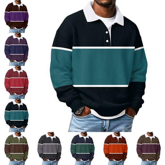 Zivyakyron Button Polo Shirts for Men Long Sleeve Fall Waffle Rugby Casual Collared Colorblock Shirt Loose Red S