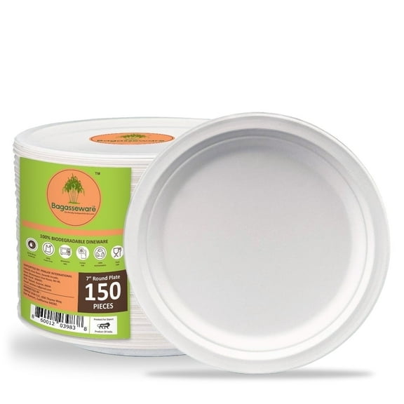 Bagasseware 7 Inch Round Disposable Paper Plates, 150 Count